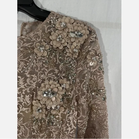 NWT $998 Mac Duggal [ 4 ] Floral Embellished Long Sleeve A-Line Gown Mocha‎ Pink - Picture 10 of 16